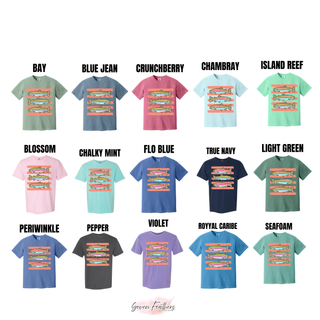 Comfort Colors rainbow trout stacked tee in bay, blue jean, crunchberry, chambray, island reef, blossom, chalky mint, and flo blue
