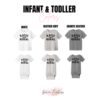 Raise Them Rural Top infant onesie and toddler tee color options in white and heather grey