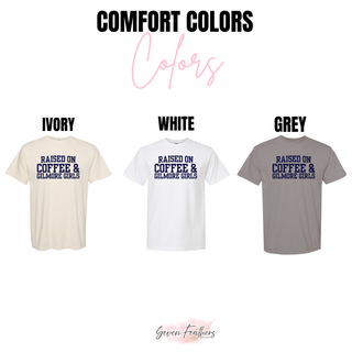 Comfort Colors color options for the Raised On Coffee varsity design: ivory, white, and grey