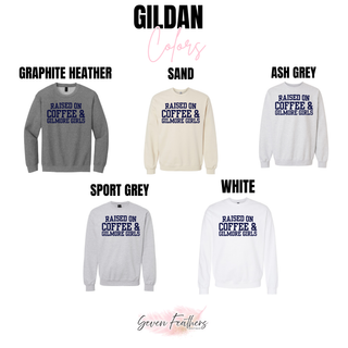 Gildan color options for the Raised On Coffee varsity design: graphite heather, sand, ash grey, sport grey, and white