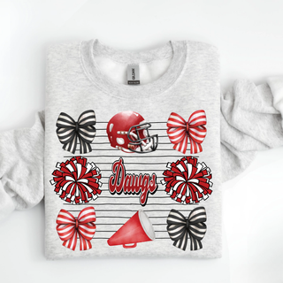 Ash grey Gildan crewneck with red and black cheer coquette design featuring striped bows, red football helmet, red pom poms, megaphone, and Dawgs script on lined background