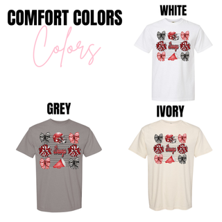 Comfort Colors Raised on Sidelines Rossville Dawgs tee color chart showing White, Grey, Ivory with cheer coquette design featuring bows, helmet, pom poms, megaphone, Dawgs script