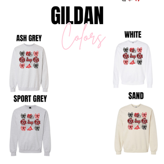 Gildan Raised on Sidelines Rossville Dawgs top color chart showing Ash Grey, White, Sport Grey, Sand crewnecks with cheer coquette design