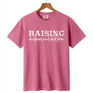 Crunchberry pink t-shirt with raising chickens and children farm life graphic design