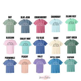 Comfort Colors tee color options in bay, blue jean, crunchberry, chambray, island reef, blossom, chalky mint, flo blue, ivory, light green, periwinkle, peachy, violet, royal caribe, and seafoam
