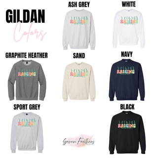 Gildan crewneck sweatshirt raising wildflowers design shown in ash grey, white, graphite heather, sand, navy, sport grey, and black