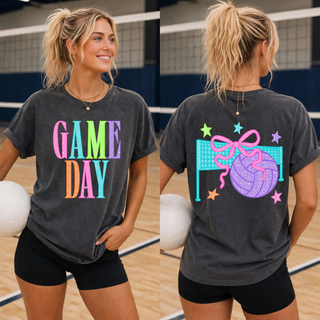 Rally Bright Volleyball Top shown front and back with colorful lettering and net ball graphic