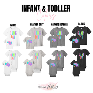 Rally Bright Volleyball Top infant onesie and toddler tee color options in white, grey, and black