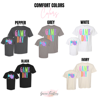 Rally Bright Volleyball Top graphic tee color options including pepper, grey, and ivory