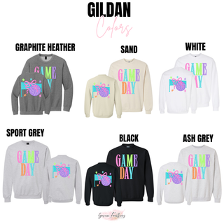 Rally Bright Volleyball Top crewneck sweatshirt color options in graphite, sand, and sport grey