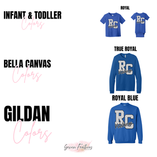 Infant and toddler, Bella Canvas, and Gildan color chart in royal blue shades showing the white polka dot RC Mustangs design