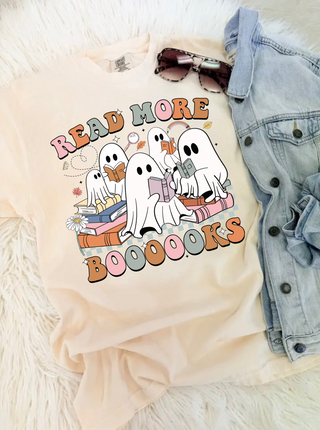 Ivory top with cute ghosts reading books and read more books text design