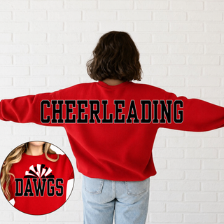 Red Gildan crewneck sweatshirt showing dawgs pom pom front design and cheerleading back, lifestyle
