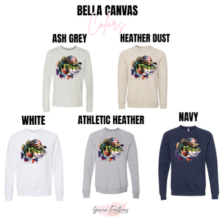 Bella Canvas red white and bass crewneck and long sleeve in ash grey, heather dust, white, athletic heather, navy
