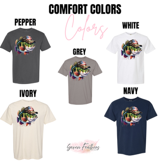 Comfort Colors 1717 red white and bass patriotic fish tee available in pepper, grey, white, ivory, and navy
