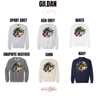 Gildan red white and bass crewneck sweatshirt in sport grey, ash grey, white, graphite heather, sand, and navy
