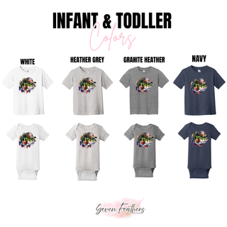 Red white and bass infant and toddler tees and onesies in white, heather grey, granite heather, and navy
