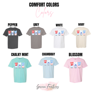 Red White and Blue Soda Bow Graphic Top Comfort Colors unisex tee in pepper, grey, white, ivory, chalky mint, chambray, and blossom
