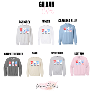 Red White and Blue Soda Bow Graphic Top Gildan colors in ash grey, white, carolina blue, graphite heather, sand, sport grey, and light pink crewneck
