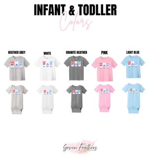 Red White and Blue Soda Bow Graphic Top infant and toddler colors in heather grey, white, granite heather, pink, and light blue tees and onesies
