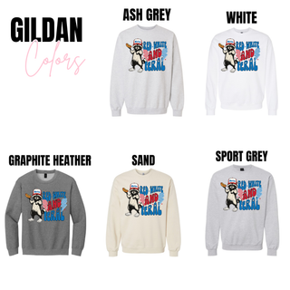 Gildan crewneck Red White and Feral in ash grey, white, graphite heather, sand, sport grey
