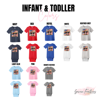 Infant onesie and toddler tee color swatch showing navy, red, royal, white, heather grey, light blue, pink, and granite heather