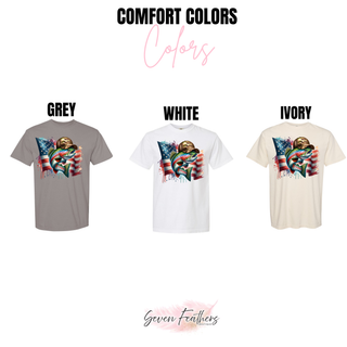 Red White and Reel Comfort Colors tee color chart in grey white and ivory with rainbow trout american flag design
