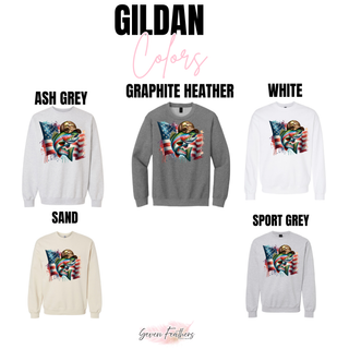 Red White and Reel Gildan crewneck color chart ash grey graphite heather white sand and sport grey with patriotic fish
