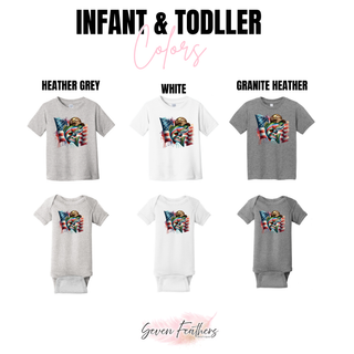 Red white and reel infant and toddler color chart heather grey white and granite heather tees and onesies with fish design
