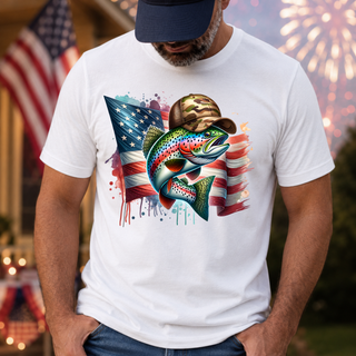 Man wearing white tee red white and reel rainbow trout camo hat american flag watercolor design with fireworks background
