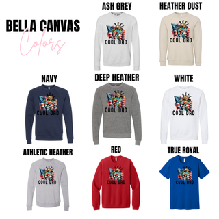 Reel Cool Dad Shirt design on Bella Canvas crewneck sweatshirts in ash grey heather dust navy deep heather white athletic heather red true royal