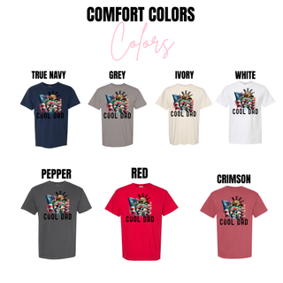 Reel Cool Dad Shirt design on Comfort Colors tees in true navy grey ivory white pepper red crimson