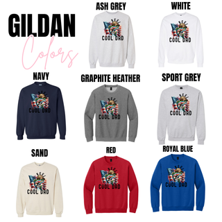 Reel Cool Dad Shirt design on Gildan crewneck sweatshirts in ash grey white navy graphite heather sport grey sand red royal blue