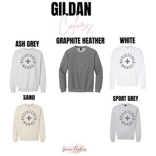 Gildan Registered Nurse circle and cross crewnecks in ash grey, graphite heather, white, sand, and sport grey