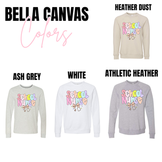 Bella Canvas School Nurse long sleeves and crewnecks in heather dust, ash grey, white, and athletic heather with retro checkered School Nurse design
