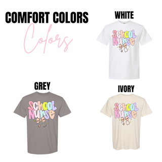 Comfort Colors School Nurse tops in white, grey, and ivory with multicolor checkered School Nurse lettering bow and stethoscope design
