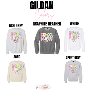 Gildan School Nurse crewnecks in ash grey, graphite heather, white, sand, and sport grey with retro checkered School Nurse lettering and stethoscope
