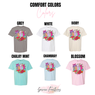 Comfort Colors tee swatches in grey white ivory chalky mint chambray and blossom with retro cheer design