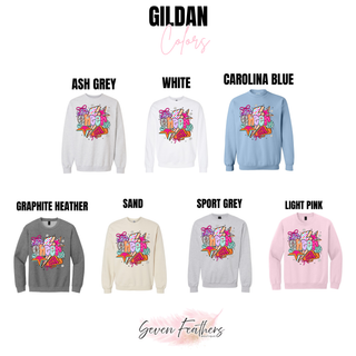  Gildan sweatshirt color swatches in ash grey white carolina blue graphite heather sand sport grey and light pink with retro cheer design
