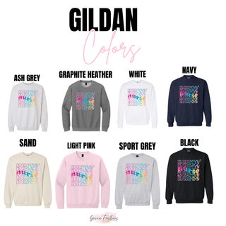 Gildan retro stacked nurse crewneck in ash grey, graphite heather, white, navy, sand, light pink, sport grey, and black
