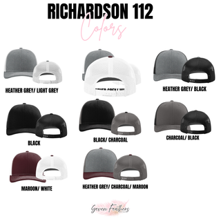 Richardson 112 trucker hat color options: heather grey/light grey, heather grey/white, heather grey/black, black, black/charcoal, charcoal/black, maroon/white, heather grey/charcoal/maroon
