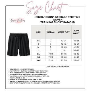 Richardson RA7401B Barrage Stretch Woven Training Shorts size chart XS through 3XL