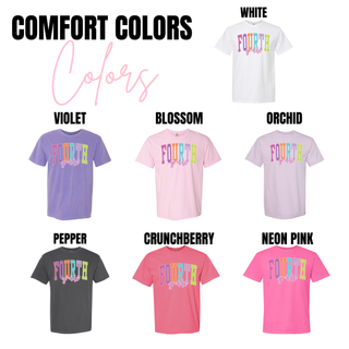 Fourth Grade rainbow letter graphic shirt color options: White, Violet, Blossom, Orchid, Pepper, Crunchberry, Neon Pink