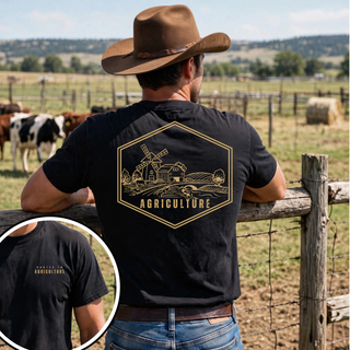 Black top with rooted in agriculture chest design and hexagon windmill barn farm scene on back