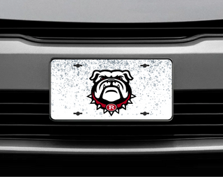 Rossville Bulldawgs faux silver license plate with bulldog mascot and red R collar displayed on car front bumper
