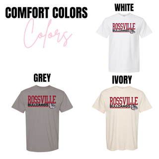 Rossville Bulldawgs Front Line Comfort Colors tees in white, grey, and ivory with red Rossville Bulldawgs design
