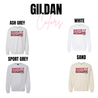 Rossville Bulldawgs Front Line Gildan crewnecks in ash grey, white, sport grey, and sand
