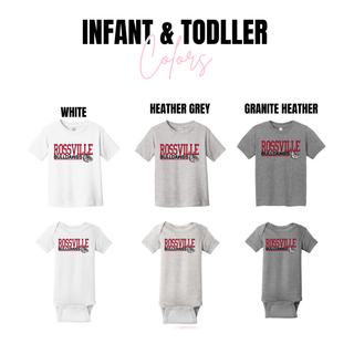 Rossville Bulldawgs Front Line infant tees and onesies in white, heather grey, and granite heather
