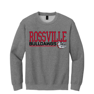Graphite heather crewneck with red Rossville text, black Bulldawgs text, red stripe, and bulldog mascot on front
