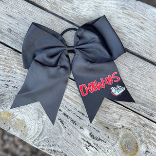 Black grosgrain cheer bow with red glitter Dawgs text and bulldog logo on wood background